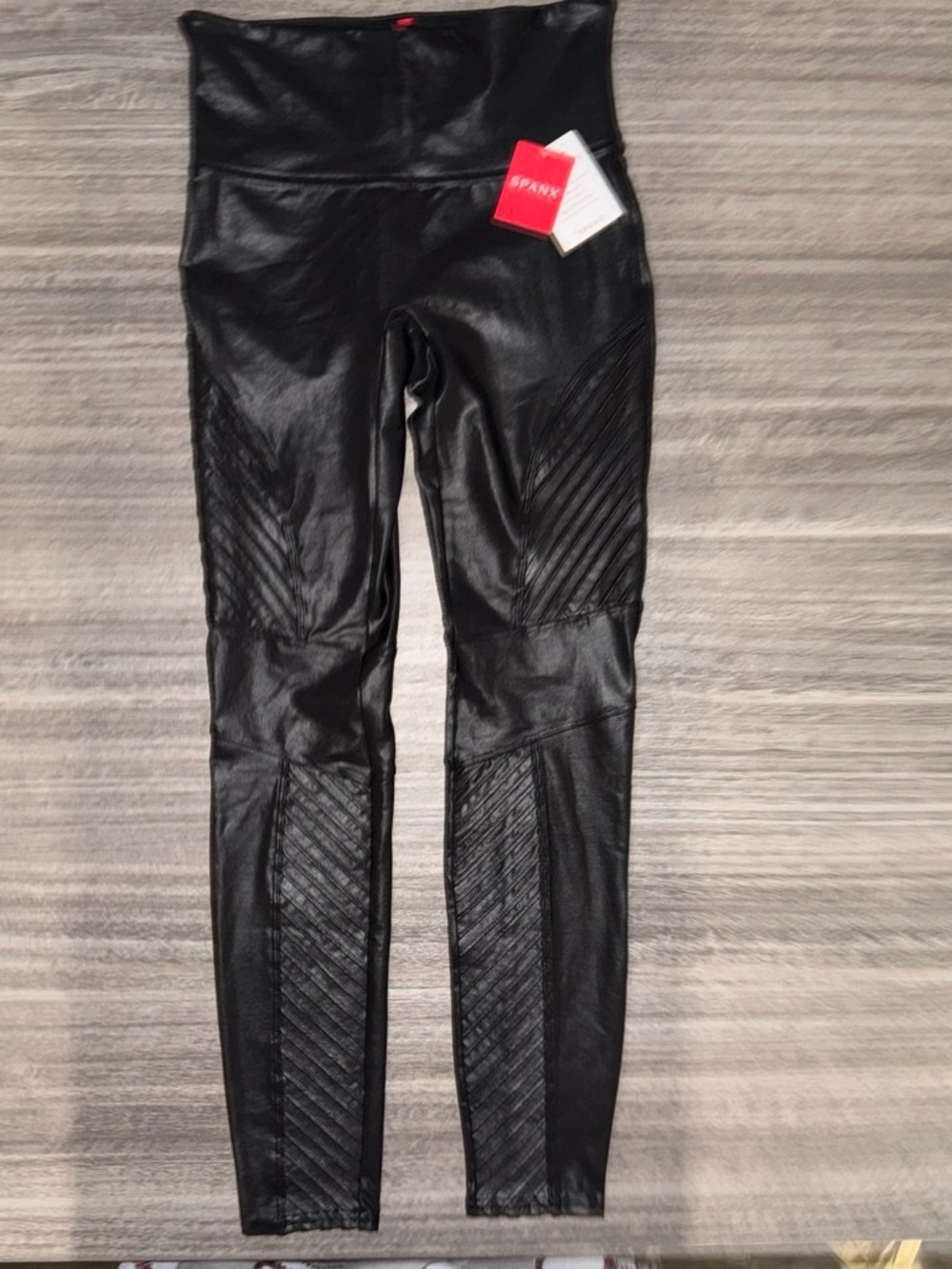 SPANX Black Faux Leather Leggings with Red Brand Tag